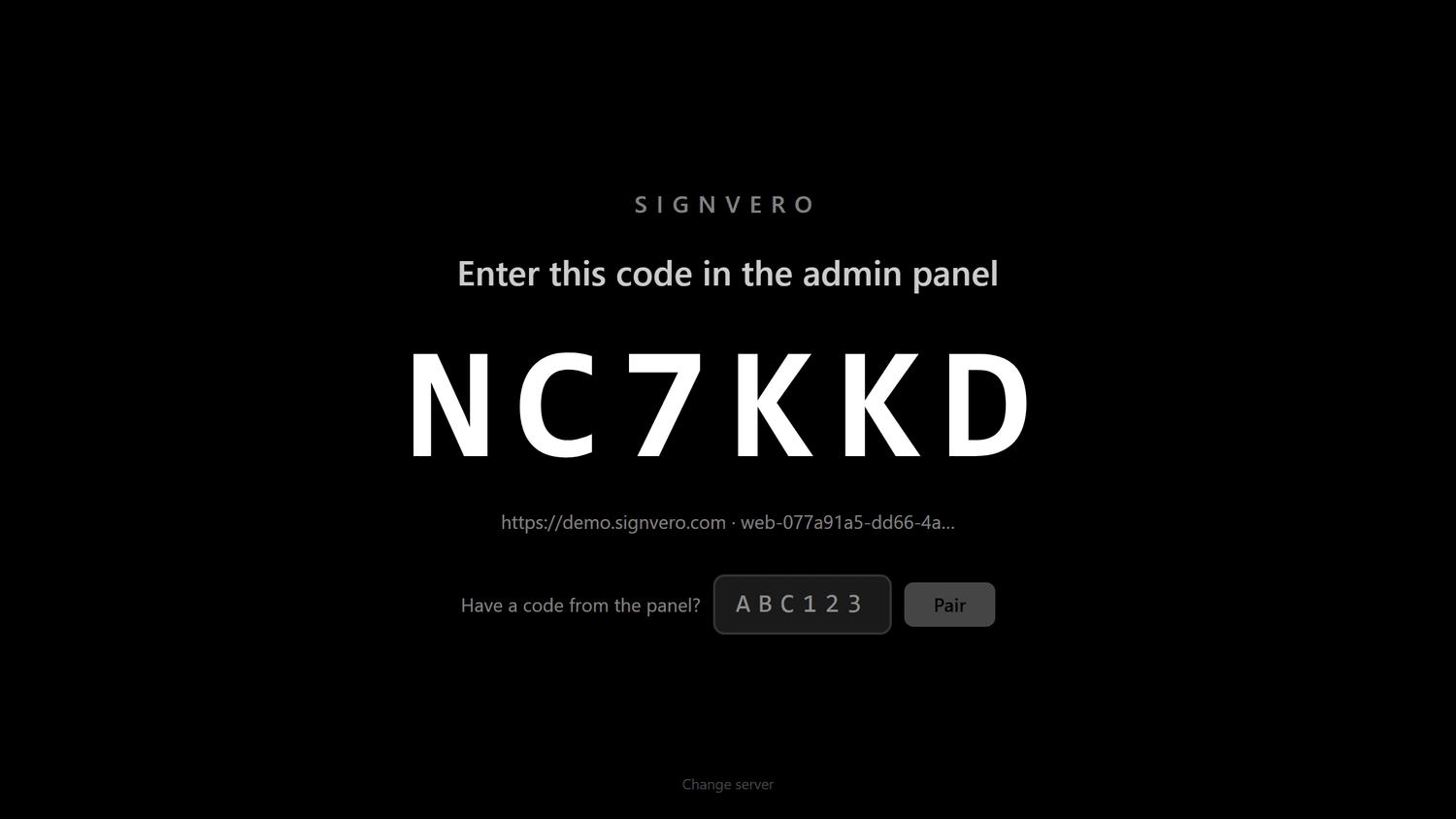 A screen displaying its pairing code